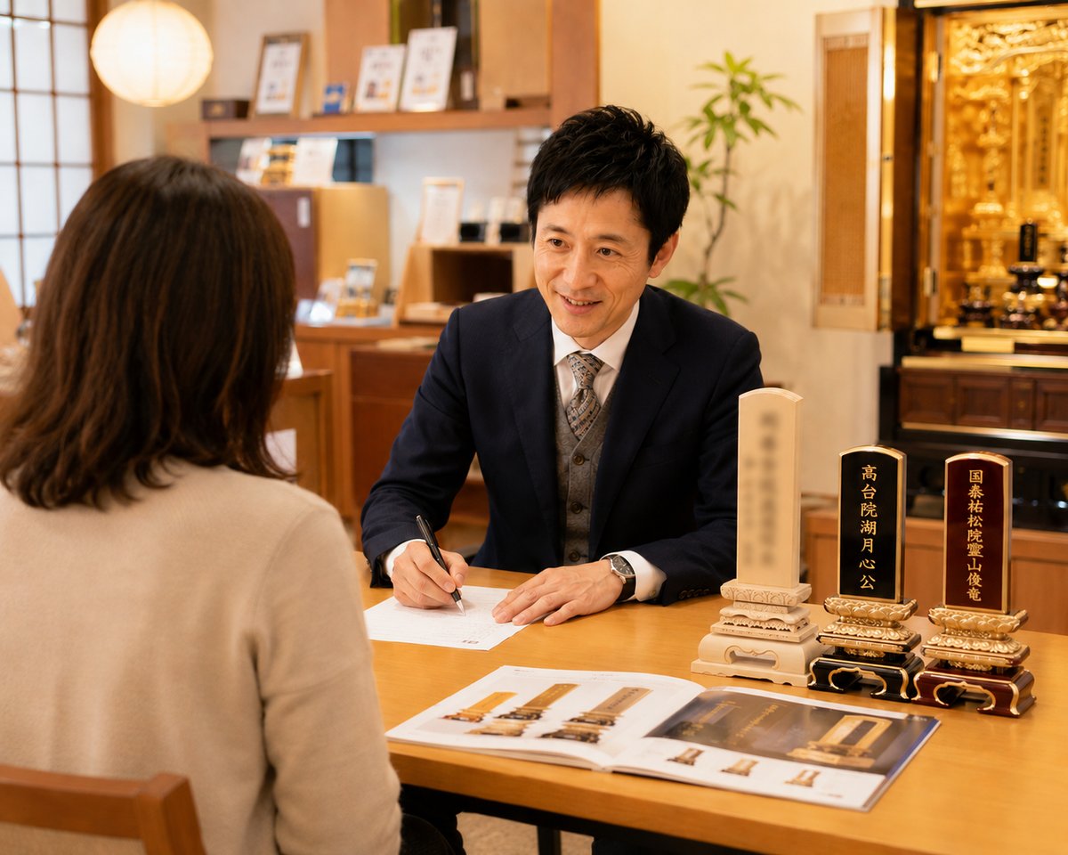 お客様と打ち合わせをしながら戒名原稿を作成する様子